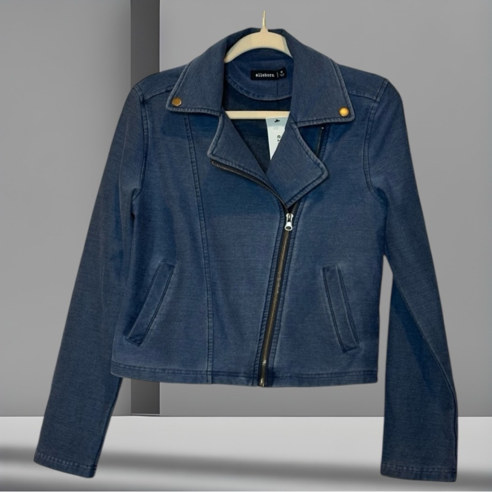 Knit Denim Biker Moto Jacket in Blue Size Large